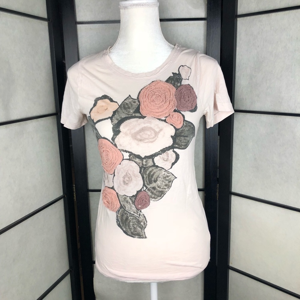 J Crew Small Pink 3D Stitched Fabric Flowers Tee